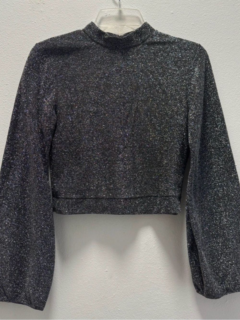 Charlotte Russe Glitter Mock Neck Cropped Long-Sleeve Top - Black